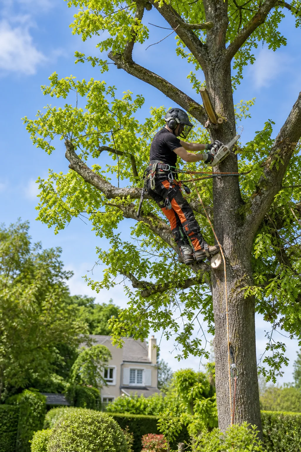 Illustration d’un arboriste grimpeur équipé pendant un élagage