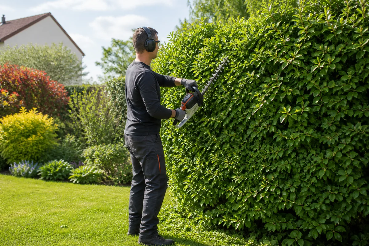 Illustration d’un professionnel taillant une haie de jardin